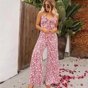 Auguste sz 4 Mila Palms jumpsuit in red floral keyhole front thin straps VGUC
